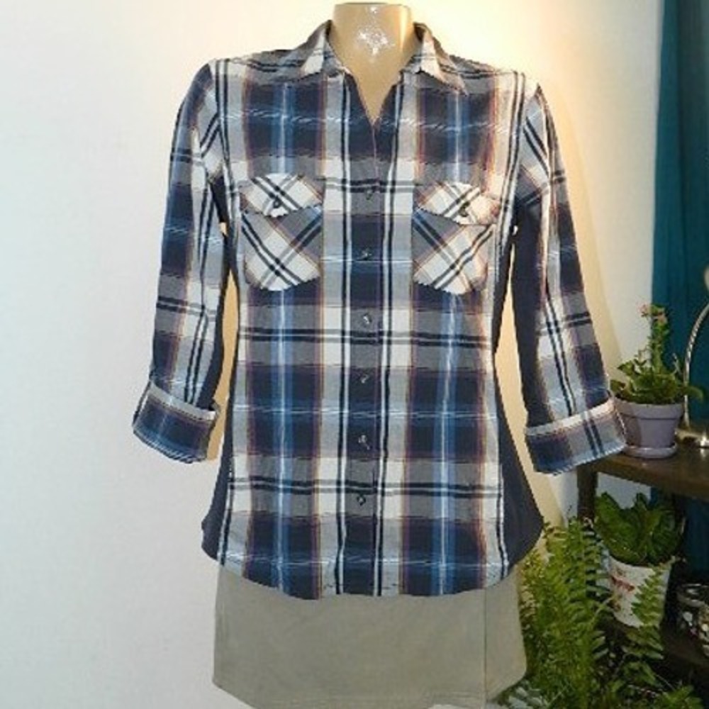 Zac & Rachel Button Up Shirt Womens Large Navy Blue Purple Plaid Roll Tab Sleeve